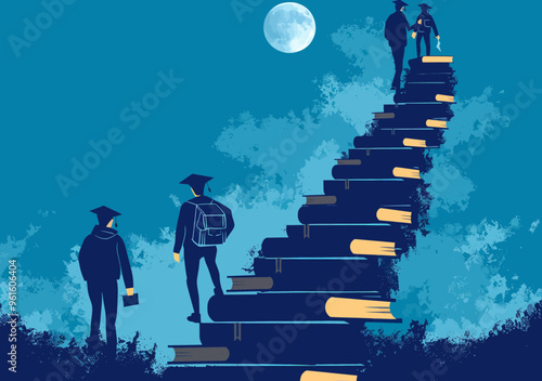 Steps to Academic Success: Graduates Climbing Staircase of Books at Night Toward Education and Wisdom Under Moonlight