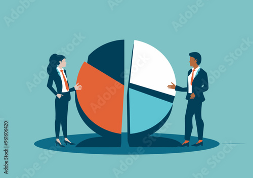 Business Colleagues Analyzing Market Share Division with Pie Chart Representation, Collaborative Profit Distribution Discussion, Minimalistic Office Illustration