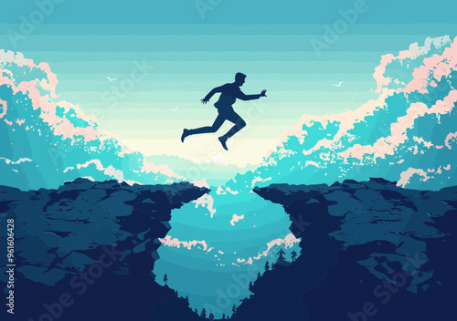 Businessman Overcoming Obstacles - Leaping Across Gap in Nature at Sunrise - Concept of Achievement, Risk, and Determination