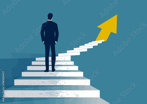 Businessman Observing Career Growth Path with Staircase Arrows, Business Success Concept, Minimalistic Vector Illustration, Inspirational Professional Advancement, Climbing Corporate Ladder