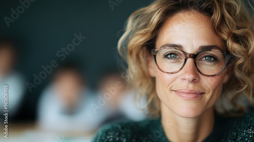 A confident woman with curly hair and glasses, slightly smiling while looking directly at the camera, capturing intelligence and calm demeanor in a professional indoor setting. photo