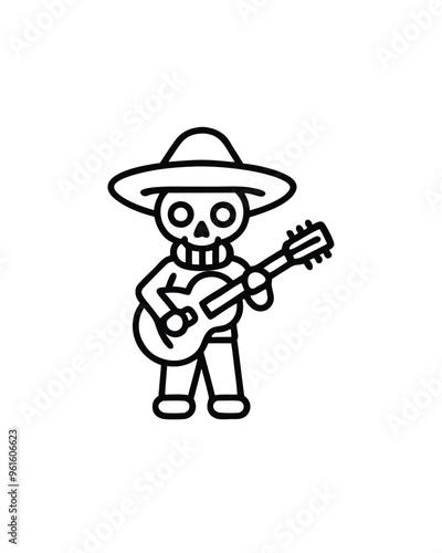 Editable stroke vector of a skeleton figure dressed in a sombrero and playing a guitar.