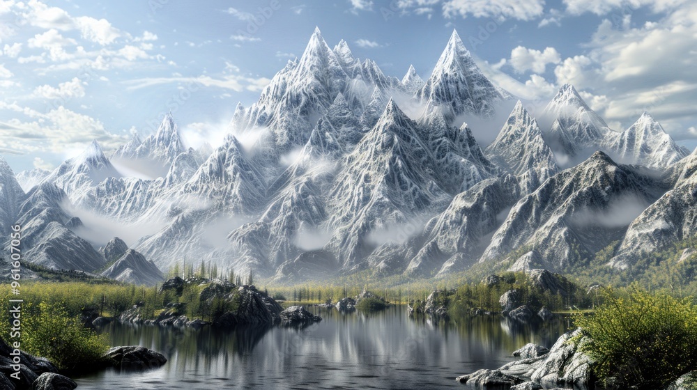 Naklejka premium Majestic Snow-Capped Mountains Reflecting in a Tranquil Lake.