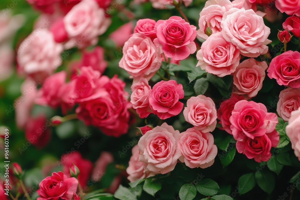 Lush pink and red rose bushes full of blooming flowers arranged in various formations Lush pink and red rose bushes full of blooming flowers arranged in various formations