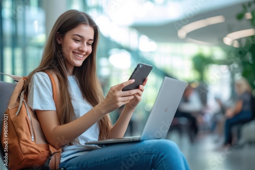 Happy young woman looking at cellphone