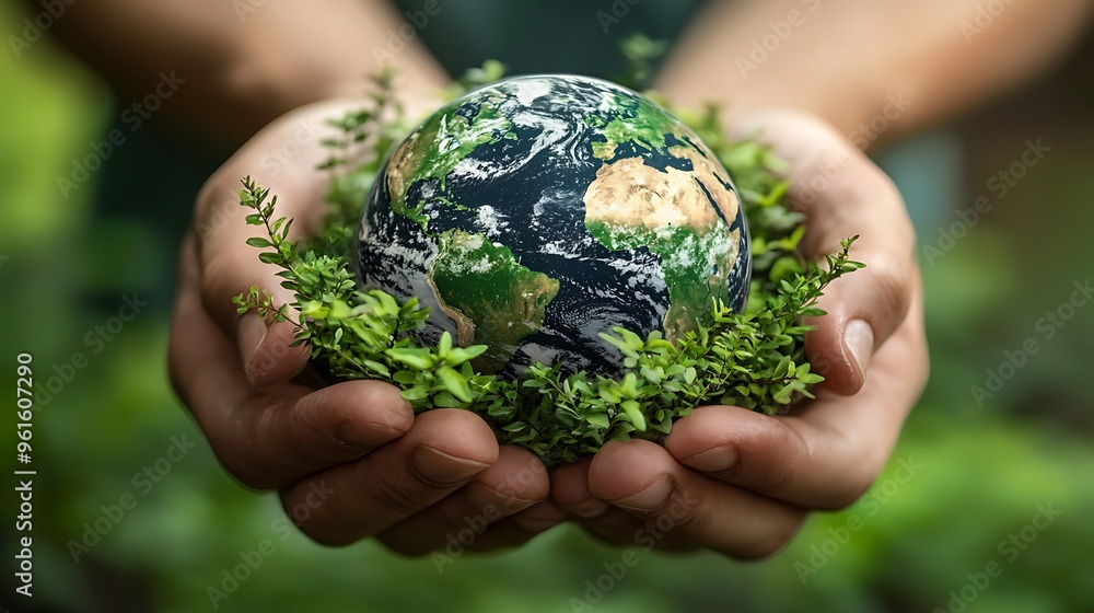 Hands hold a globe with green leaves, representing the importance of protecting our planet. Hands hold a globe with green leaves, representing the importance of protecting our planet.