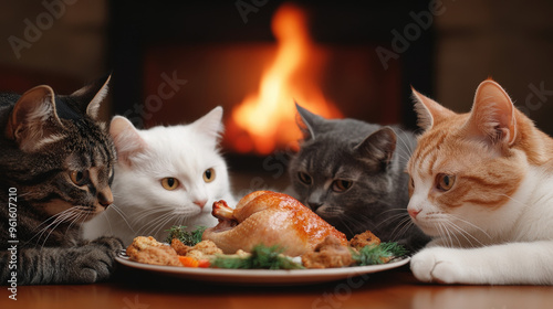 A group of cats sharing a small turkey feast on the floor, with a warm fireplace in the background, Thanksgiving for pets, Cozy feline gathering.
