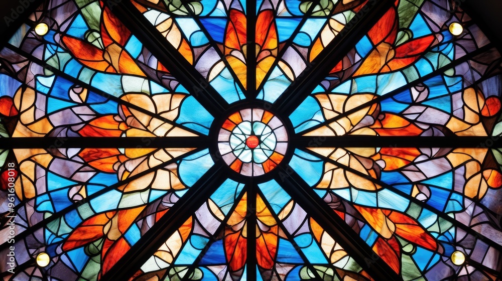 A vibrant stained glass window with a circular design, featuring a kaleidoscope of colors and intricate patterns. A vibrant stained glass window with a circular design, featuring a kaleidoscope of colors and intricate patterns.