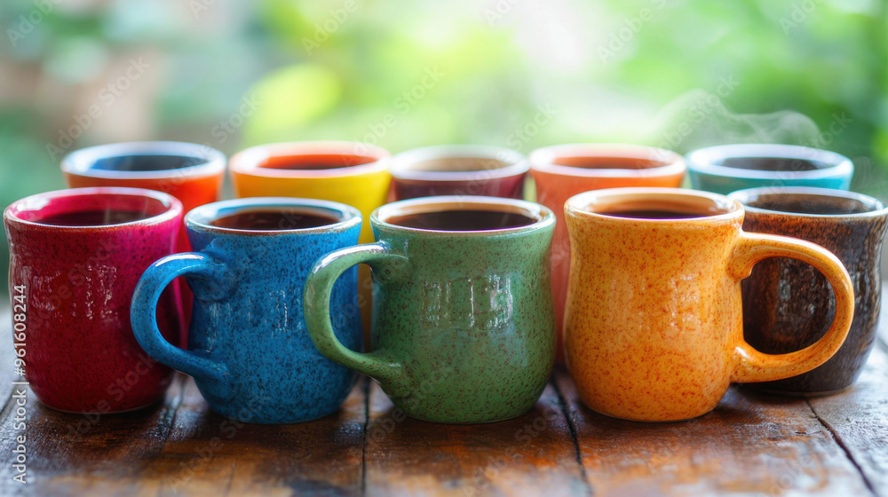 A stack of colorful ceramic mugs filled with hot coffee, creating a vibrant morning scene. A stack of colorful ceramic mugs filled with hot coffee, creating a vibrant morning scene.