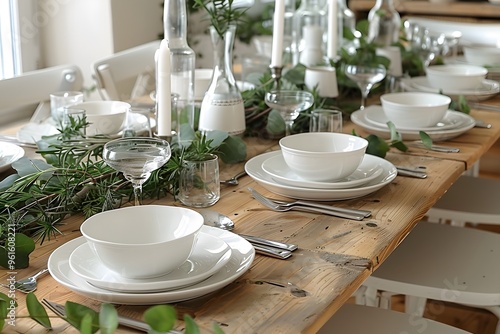 Elegant Table Setting with White Dishes and Greenery for a Stylish Event or Dinner Party photo