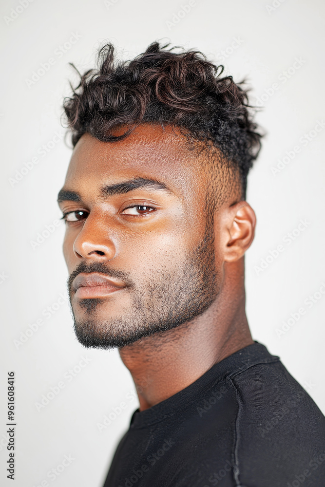 Fototapeta premium Young South Asian male with dark skin poses confidently in a studio setting, showcasing modern beauty and style through his expressive gaze and well-groomed appearance.