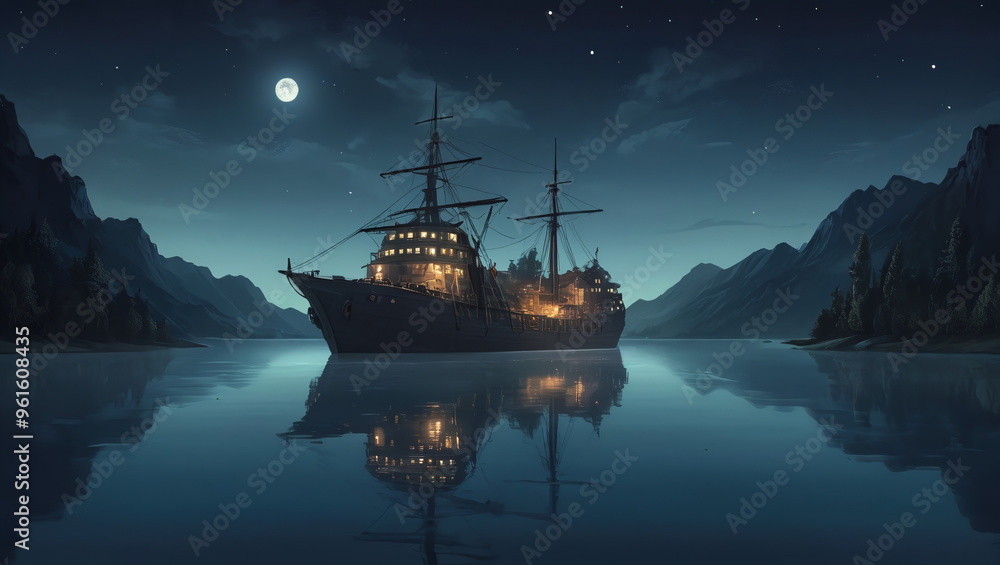 Obraz premium illustration of a fishing boat in the middle of a lake at night