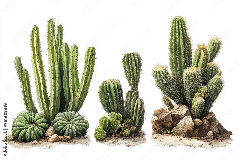 Three distinct clusters of green cactus plants Three distinct clusters of green cactus plants
