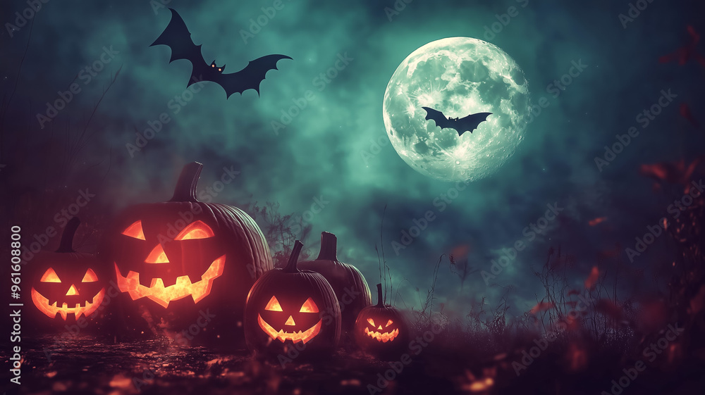 Glowing jack-o'-lanterns under a full moon with bats Glowing jack-o'-lanterns under a full moon with bats