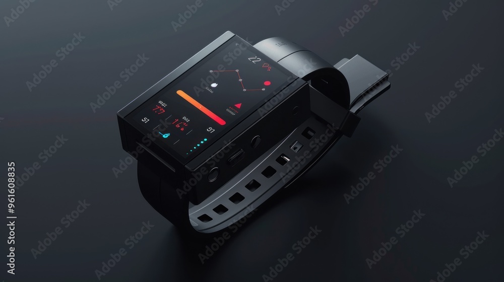 Obraz premium Modern smartwatch with a black strap and a digital display showing heart rate, steps, and other health metrics.