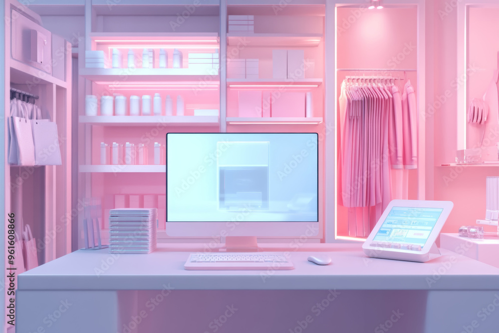 A modern workspace featuring pastel pink decor and organized shelves filled with beauty products and clothing in an inviting environment A modern workspace featuring pastel pink decor and organized shelves filled with beauty products and clothing in an inviting environment