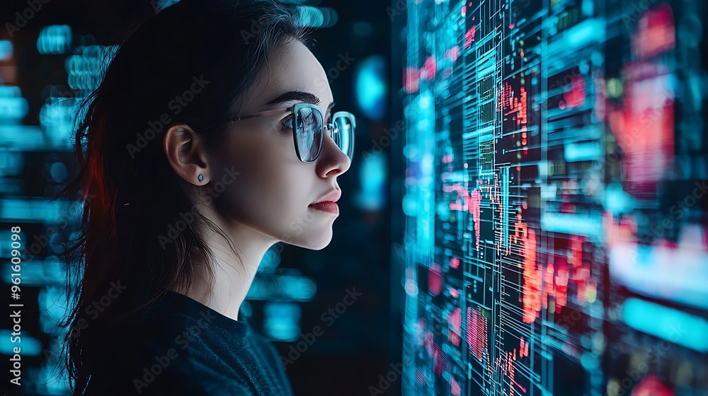A woman looks at a digital data screen, immersed in technology, big data, and artificial intelligence. A woman looks at a digital data screen, immersed in technology, big data, and artificial intelligence.