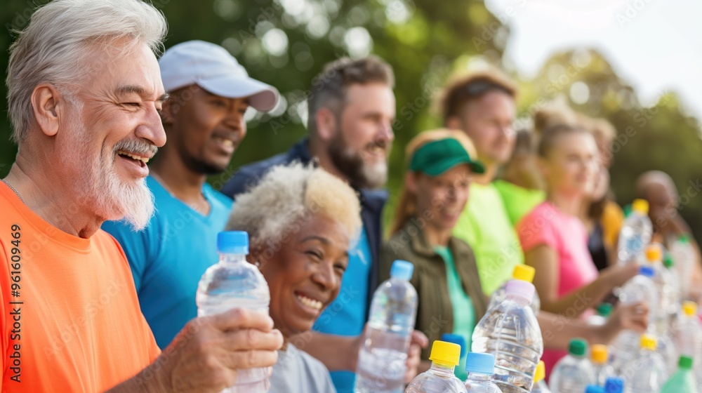 Volunteers handing out water bottles at a marathon, expressions of support and encouragement, promoting community involvement and volunteerism, sunny day, diverse participants Volunteers handing out water bottles at a marathon, expressions of support and encouragement, promoting community involvement and volunteerism, sunny day, diverse participants