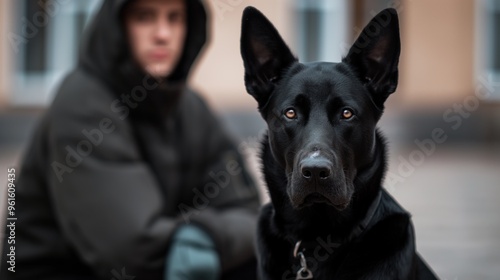 A black dog with piercing eyes gazes forward, sitting closely to a person dressed in a dark coat in a cool outdoor setting