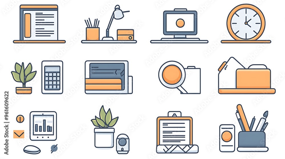 An office supplies and desk accessories icon set, showcasing essential items for a productive workspace.