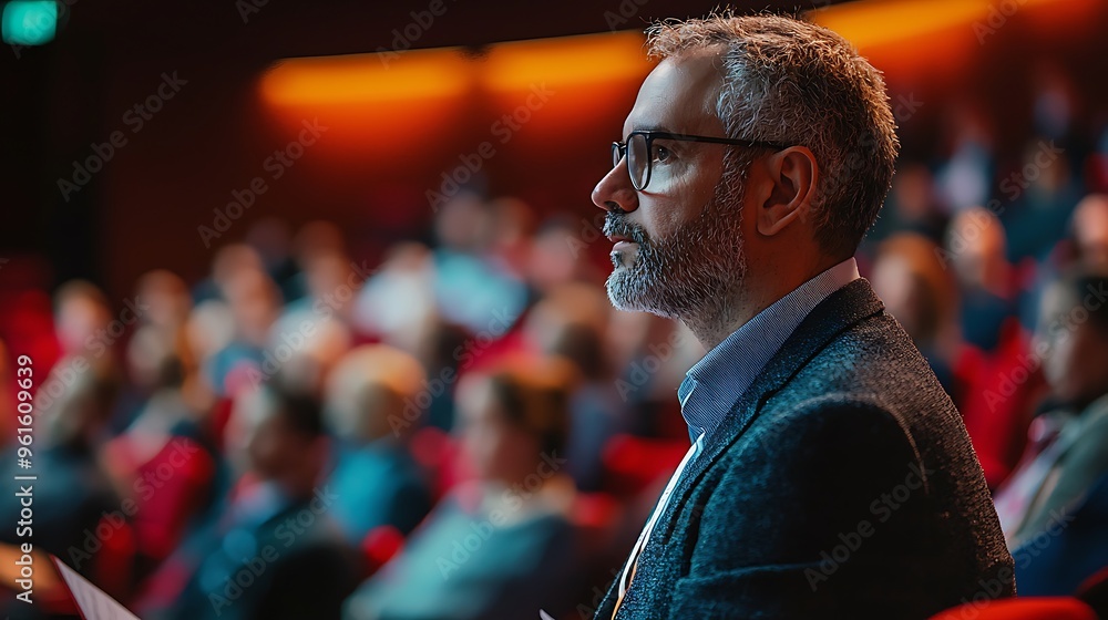Obraz premium An attentive audience member listens closely during a conference or seminar, fully engaged in the discussion.