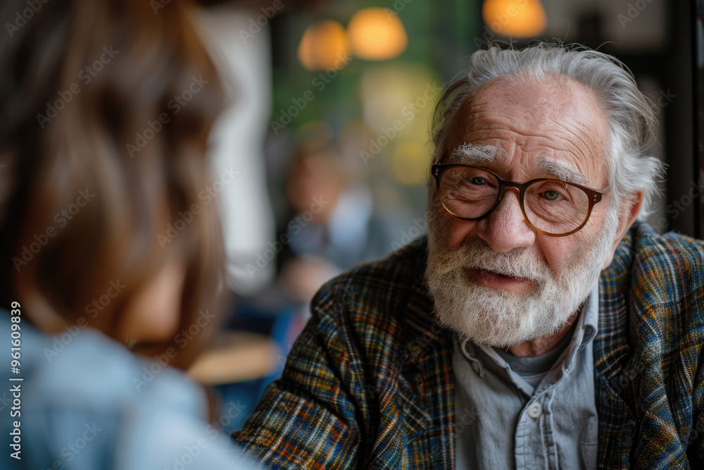 Elderly Man Engaging in Conversation at a Cafe with Friend Elderly Man Engaging in Conversation at a Cafe with Friend
