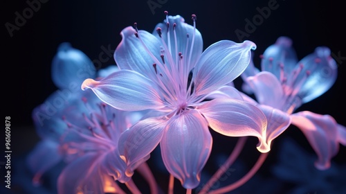 Delicate petals of a flower, illuminated in a vibrant blue and pink light, create a stunning abstract composition.