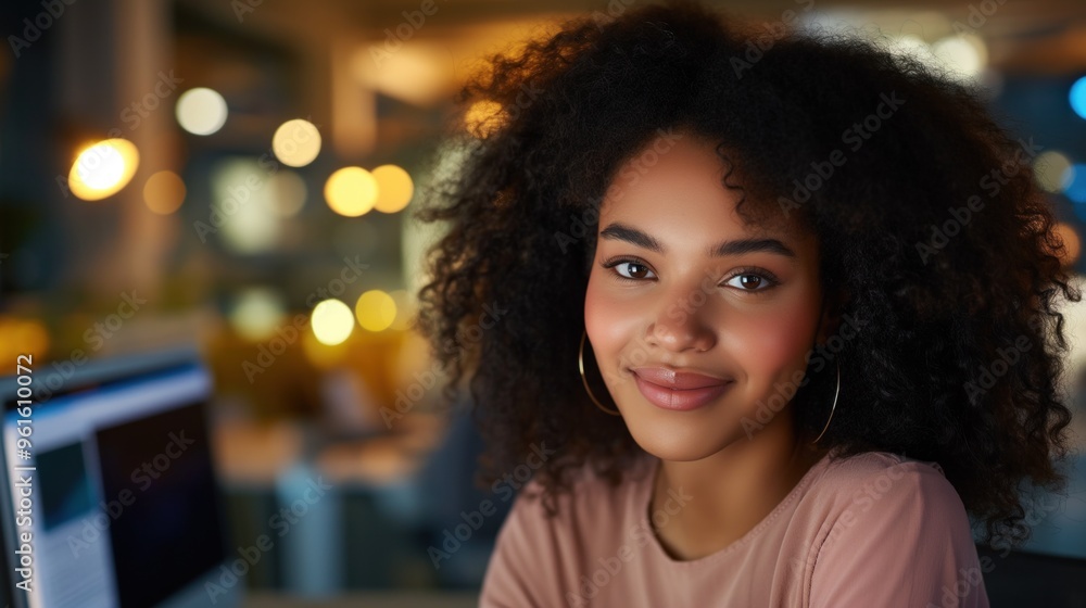 A young woman with curly hair smiles while working at her desk in a modern office. Soft lights create a warm atmosphere, highlighting her focused expression late at night A young woman with curly hair smiles while working at her desk in a modern office. Soft lights create a warm atmosphere, highlighting her focused expression late at night