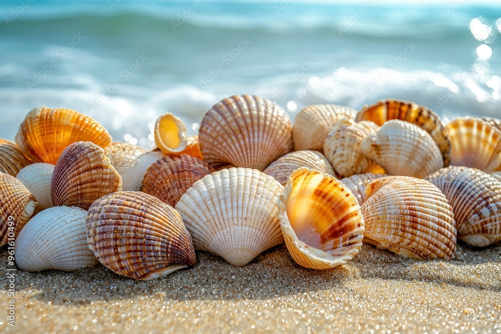 Seashells on Sandy Beach with Blurred Ocean in Background Seashells on Sandy Beach with Blurred Ocean in Background