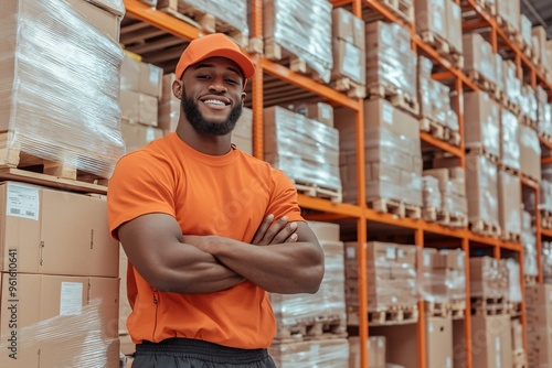 Confident Warehouse Worker in Orange Uniform