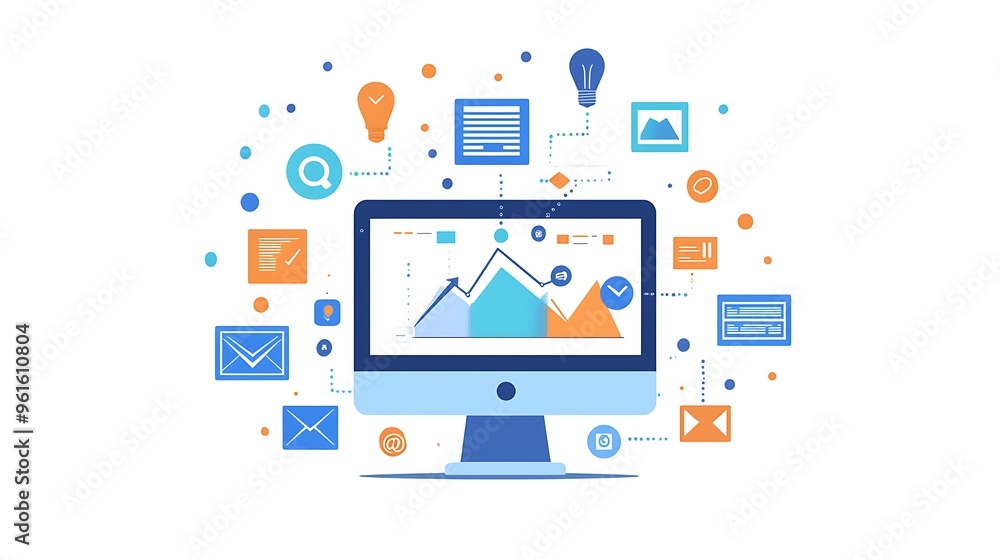 A computer screen shows data analysis with various icons and charts, illustrating complex insights. A computer screen shows data analysis with various icons and charts, illustrating complex insights.