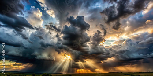 Dark clouds with the sun breaking through, stormy weather, dramatic lighting