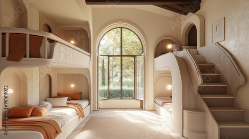 Charming children s room in a villa  with compact bunk beds and a curved staircase 