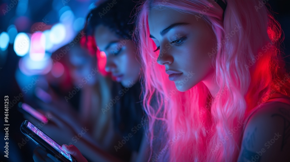 Young women using smartphones in a dimly lit nightlife setting with colorful neon lights emphasizing their focus and engagement Young women using smartphones in a dimly lit nightlife setting with colorful neon lights emphasizing their focus and engagement