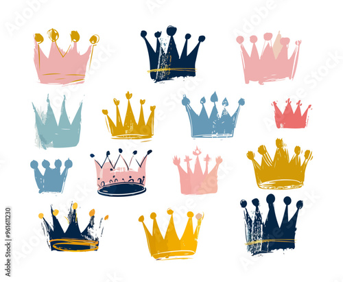 Set of colorful hand drawn crowns for king or queen. Doodle style crowns collection. Vector illustration isolated on white background.
