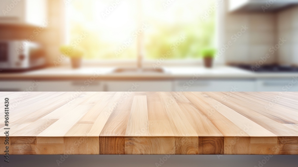 A clean, wooden countertop with a blurred background of a kitchen. A clean, wooden countertop with a blurred background of a kitchen.