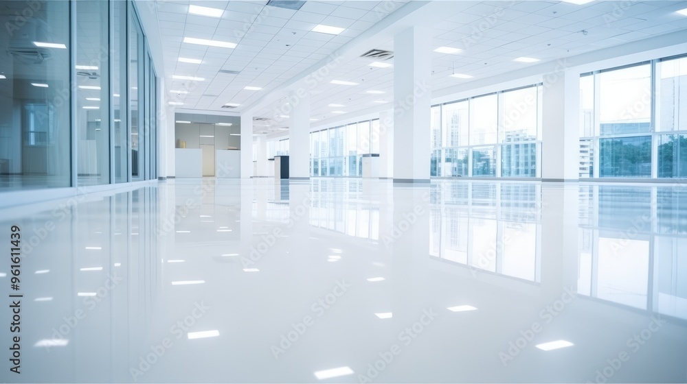 A clean and modern office space with large windows and bright lighting. A clean and modern office space with large windows and bright lighting.