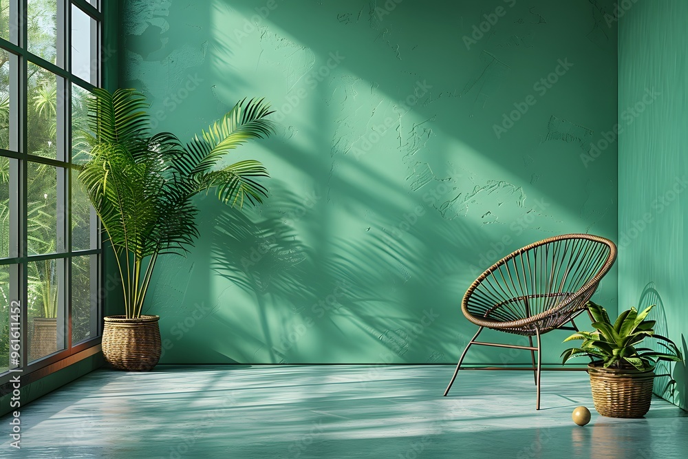 Φωτογραφία Modern Indoor Greenery: Rattan Chair and Potted Plants near Sunlit Green Wall Id