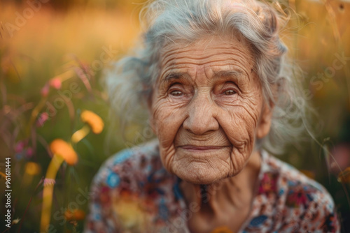 Elderly Woman in Floral Blouse Smiling in a Sunlit Field of Wildflowers