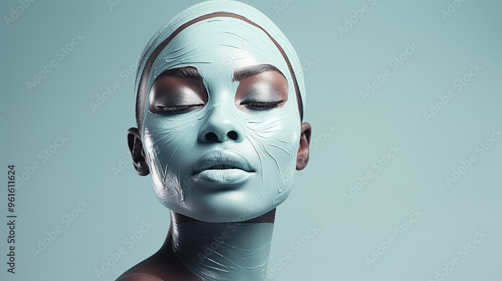 A close-up of a woman's face with a blue face mask. Her eyes are closed and her lips are slightly parted. A close-up of a woman's face with a blue face mask. Her eyes are closed and her lips are slightly parted.