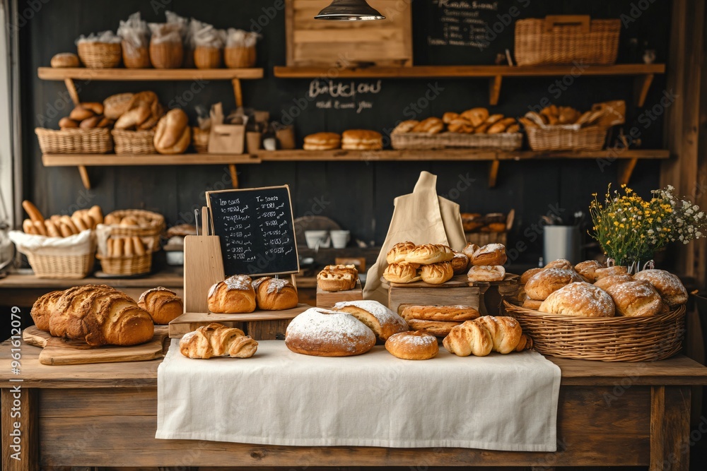 A Rustic Bakery Counter Display of Freshly Baked Bread A Rustic Bakery Counter Display of Freshly Baked Bread