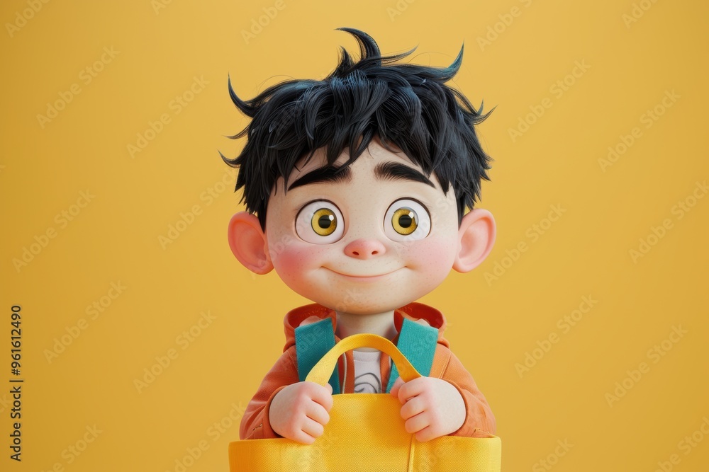 A cheerful boy holding a colorful bag at a creative station surrounded by artistic tools A cheerful boy holding a colorful bag at a creative station surrounded by artistic tools