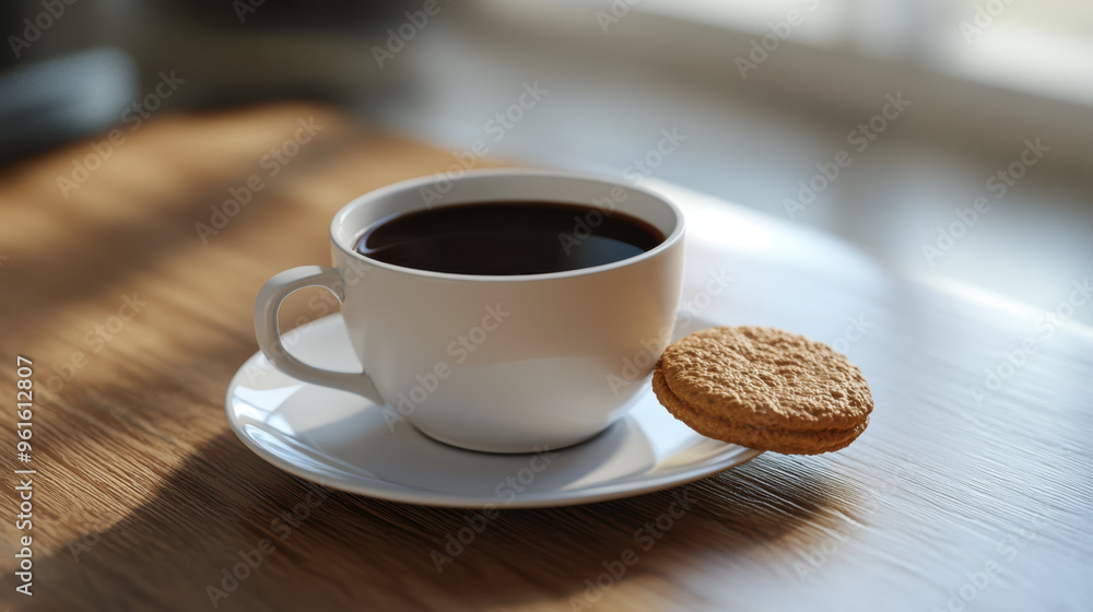 Coffee cup with a simple design, sitting on a saucer with a biscuit on the side. Coffee cup with a simple design, sitting on a saucer with a biscuit on the side.