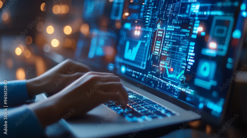 A close-up of hands typing on a laptop, showcasing data analytics and digital technology in a modern workspace. A close-up of hands typing on a laptop, showcasing data analytics and digital technology in a modern workspace.