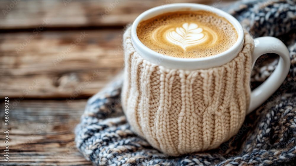 Coffee in a ceramic mug with a knitted cozy, sitting on a rustic wooden table. Coffee in a ceramic mug with a knitted cozy, sitting on a rustic wooden table.