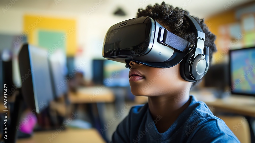 A focused boy immerses in virtual reality using a VR headset and headphones in a classroom setting, embracing modern technology. A focused boy immerses in virtual reality using a VR headset and headphones in a classroom setting, embracing modern technology.