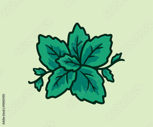 Mint green leaves cartoon style vector illustration, menthol healthy aroma Herbal nature plant