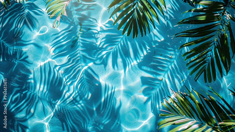 palm leaf shadows on blue water surface creating an abstract tropical background perfect for summer vacation at the beach in a tranquil and exotic setting palm leaf shadows on blue water surface creating an abstract tropical background perfect for summer vacation at the beach in a tranquil and exotic setting