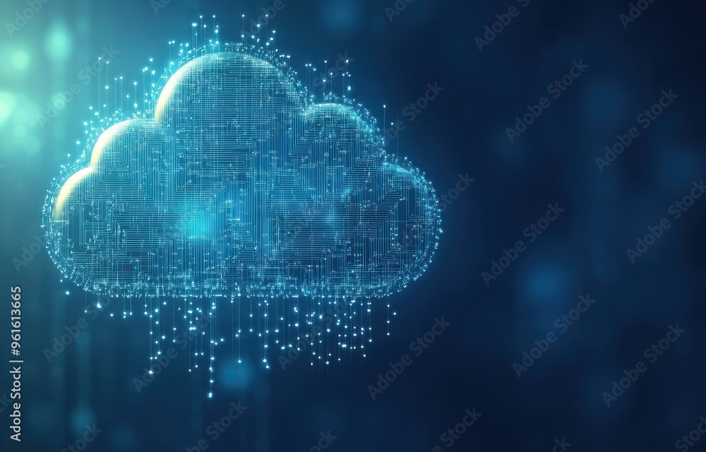 Digital cloud icon with circuit board design illustrating futuristic technology and data storage concepts in a blue background Digital cloud icon with circuit board design illustrating futuristic technology and data storage concepts in a blue background