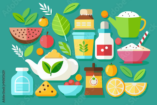 Many types of food and drinks are in this illustration